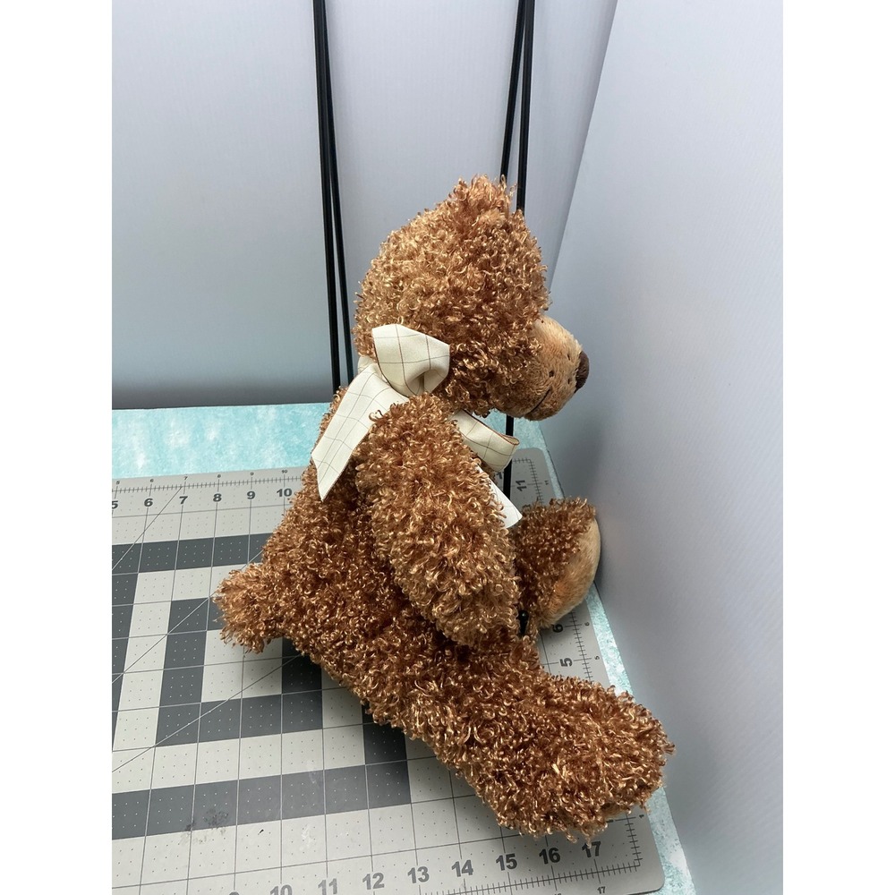 Family Christian Stores Brown Curly Fur Teddy Bear Plaid Bow Plush 13 Inch - Picture 3 of 7